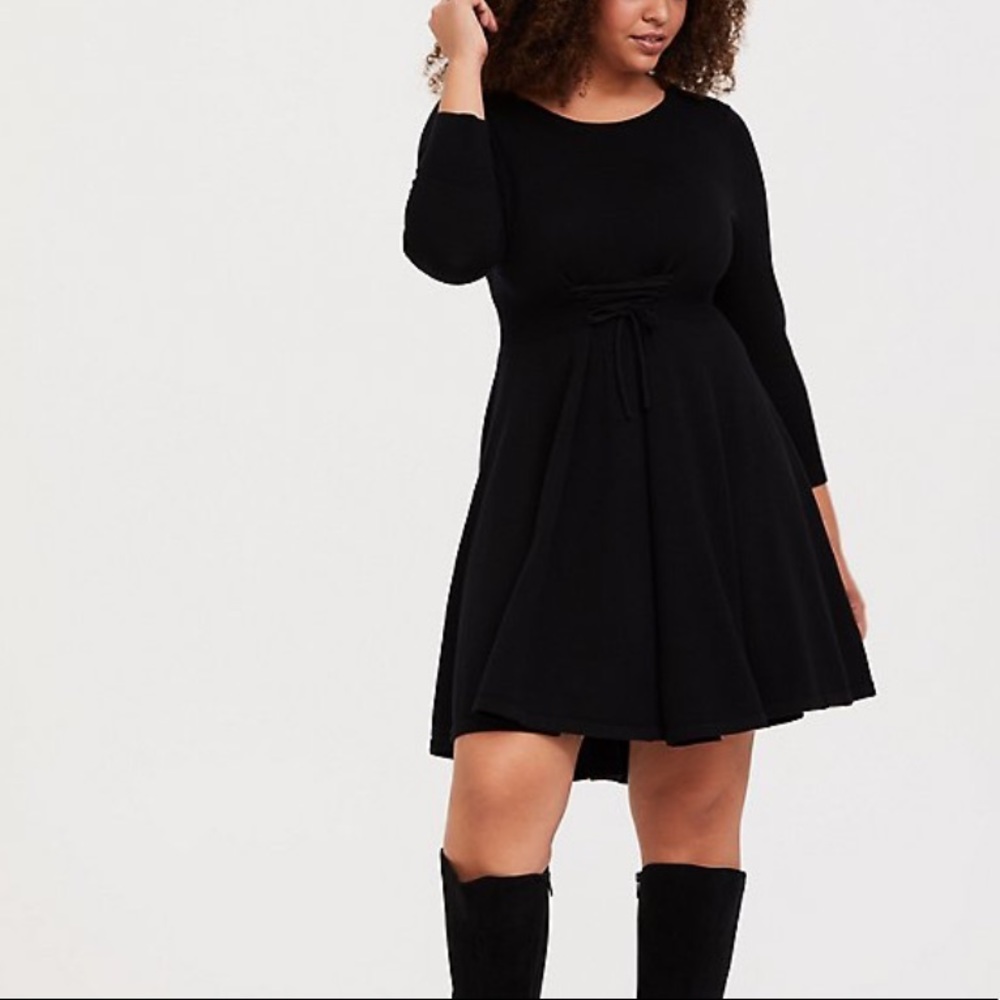 BLACK SWEATER-KNIT CORSET SKATER DRESS